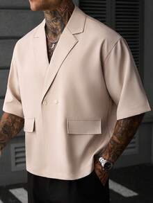 SLATEMANN Men's Solid Color Lapel NeckDouble-Breasted Casual Short Sleeve Shirt - Apricot - View 4