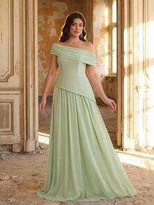 Aureia Plus Size Elegant Luxurious Sage Green Summer Dress,Satin & Chiffon Patchwork Asymmetric Ruched A-Line Hem Formal Wedding Evening Party Bridesmaid - Mint Green - View 8