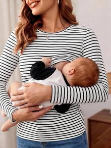 SHEIN Maternity Striped Print Nursing Detail Tee With Long Sleeve World Cup - White - View 3