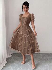 Rafferiza Women's Floral Applique Puff Sleeve Mesh Square Neck A-Line Dress - Brown - View 6