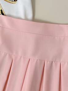 SHEIN Elladie kids 女童休閒日常短袖舞團風紫色圖案米白色T恤與紫色百褶裙學院風夏季套裝 - 粉色 - 查看 9