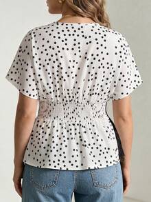 SHEIN Privé 2026 Spring/Summer Women's Plus Size Polka Dot Cinched Waist Lace Asymmetrical Hem Blouse, Elegant French Style Date Wedding Guest Blouse - Multicolor - View 2