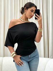 Elenzga Plus Size Women's Asymmetric Neck Sleeveless Casual T-Shirt Top, Spring/Summer - Black - View 3