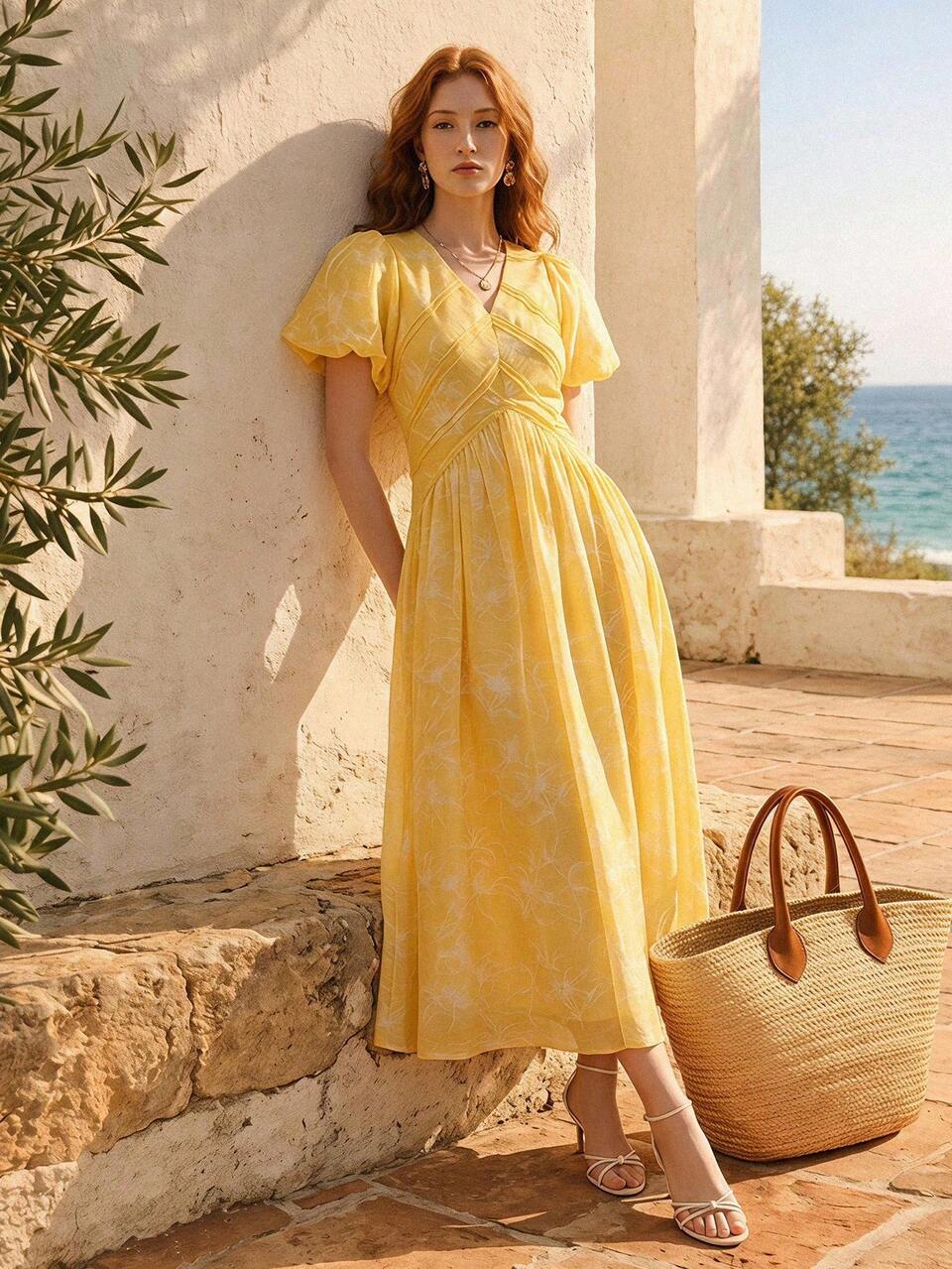 WOMEN'S FLORAL PRINT PUFF SLEEVE CONTRAST LACE DRESS