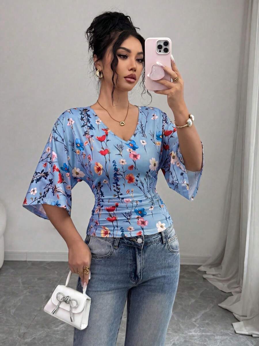 Rafferiza Women's Summer Fashion Vacation Party Brunch Ditsy Floral Small Flower Half Sleeve Fitted Waist Ruched T-Shirt Light Blue Casual - Blue - View 1