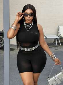 Maweii Plus Size Women's Solid Color Round Neck Sleeveless Sexy Romper - Black - View 2