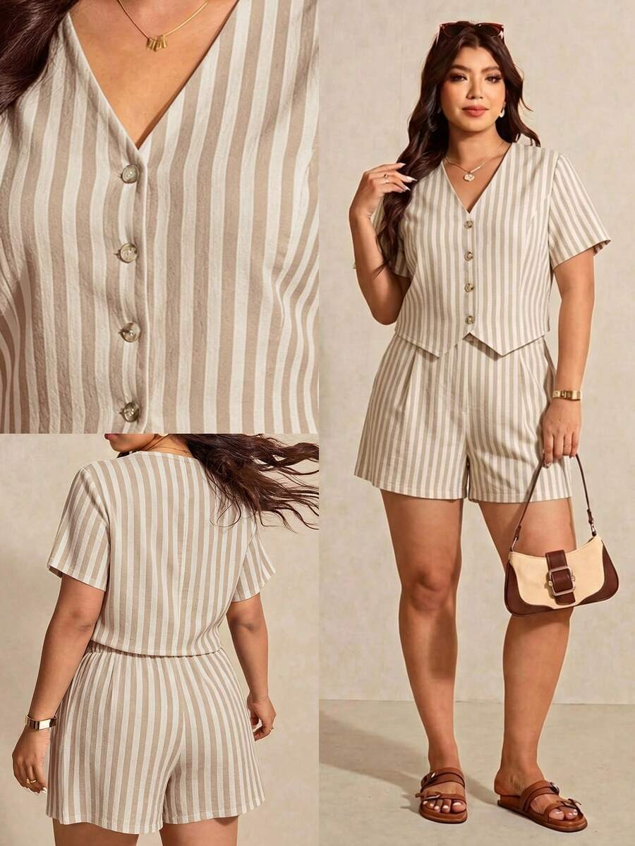 Elaquor Plus Size Women's Summer Casual Commute Striped Shirt And Shorts 2 Pieces Set