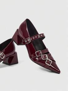 ROMWE Grunge Punk Elegant Pointed Toe Chunky Heel Lacquer Leather Pumps For Christmas Y2K 2000s Style - bright red - View 6