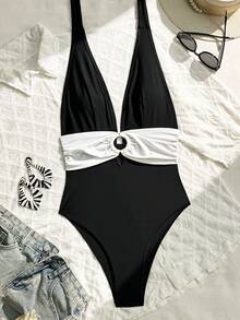 Costavie 夏季海灘女款度假純色美拉德風連身泳衣，收腹顯瘦高衩性感連身泳衣 - 彩色 - 查看 4