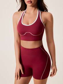 SHEIN Dewbera 1套勃艮第紅無縫女款運動套裝，掛脖無袖，柔軟舒適修身，適合健身、跑步、休閒、瑜伽，女款運動服，夏季兩件套，女款健身套裝，女款運動服，夏季套裝，健身服，女款運動服，兩件套，女款運動服，運動套裝，健身套裝，女款健身服，女款運動套裝，健身套裝，兩件套，健身套裝 - 酒紅色 - 查看 5