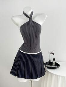 Elamini Spring/Summer White Black And White Sleeveless Blazer Office Wear Daily Commute Fashion Business Casual 70s 90s Preppy Back-To-School School - Dark Grey - View 1