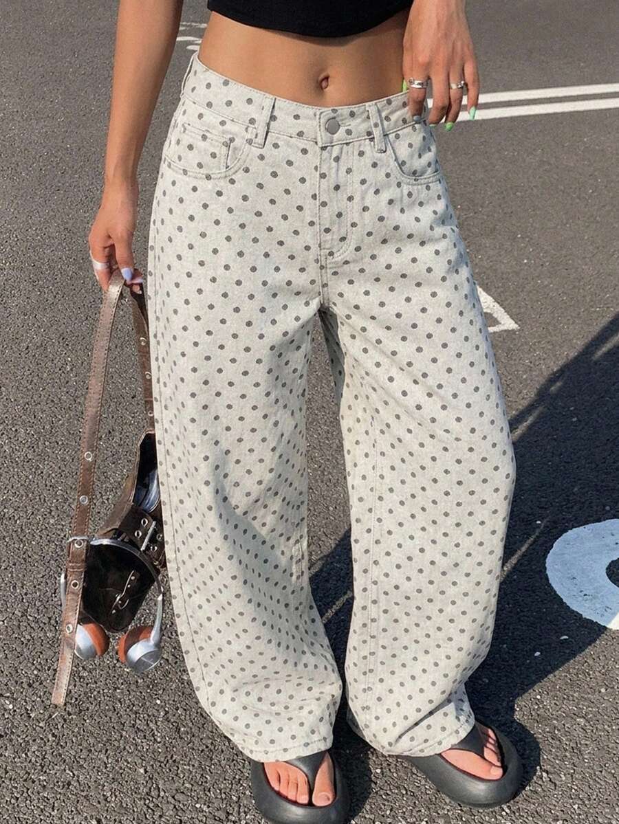 DAZY 女款圓點圖案寬腿寬鬆休閒牛仔長褲 - 灰色 - 查看 1