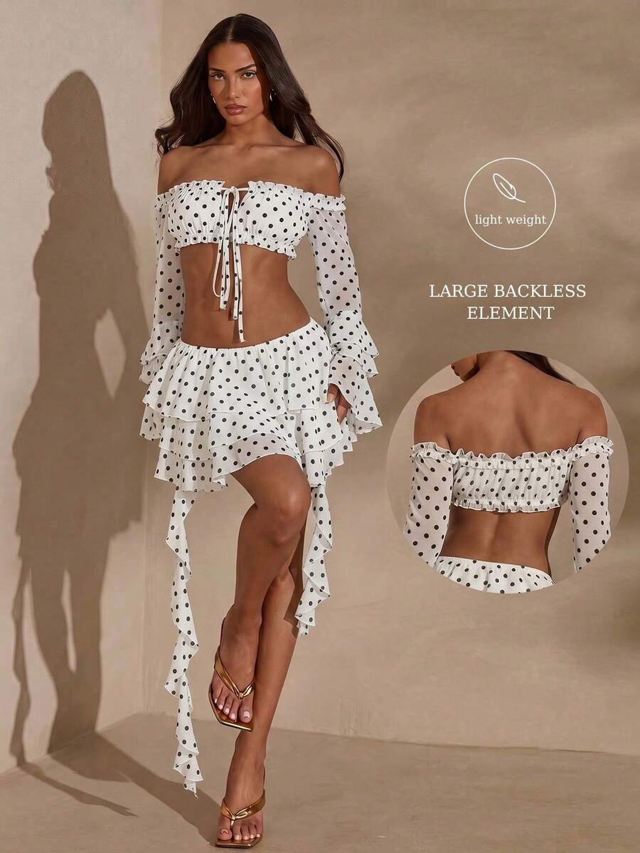 SHEIN Glamour 女士波点印花系带露脐上衣和多层荷叶边迷你裙两件套 - 黑與白 - 查看 1