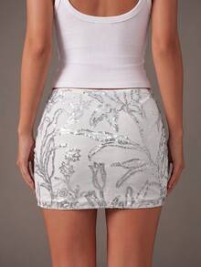 TRNVIE Women's Sequin Floral Print Casual Versatile Daily Outing Mini Skirt - White - View 2
