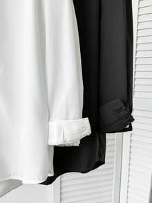 SHEIN Tween Girls Casual Versatile Simple 2pcs Comfortable Solid Color Long Sleeve Single-Breasted Casual Shirt - Black and White - View 10