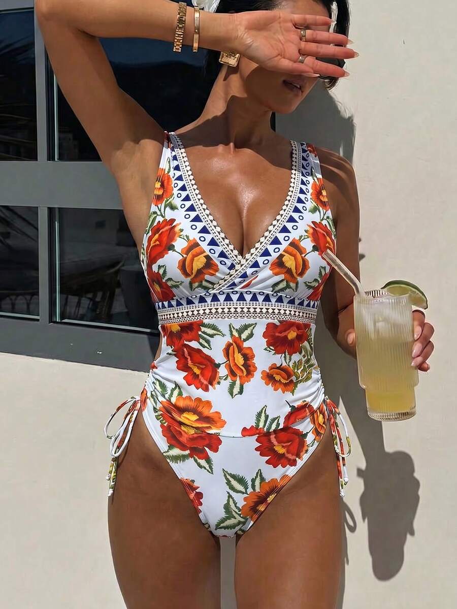 Swim SXY Women's Printed Tie-Front Tankini Swimwear Set, Plunge V-Neck, Matching Printed Triangle Swim Bottoms, Fashionable For Beach Vacation, Spring Summer - Multicolor - View 1