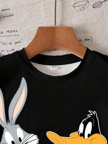 LOONEY TUNES X SHEIN 男童休闲字母卡通图案圆领短袖T恤，夏季款 - 白色 - 查看 3