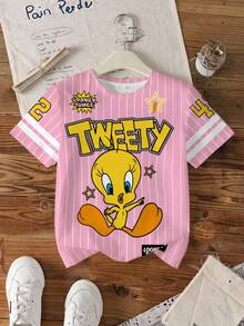 LOONEY TUNES X SHEIN Tween Girls' Striped Letter & Cartoon Print Casual Versatile Daily Wear Short Sleeve T-Shirt - White - View 3