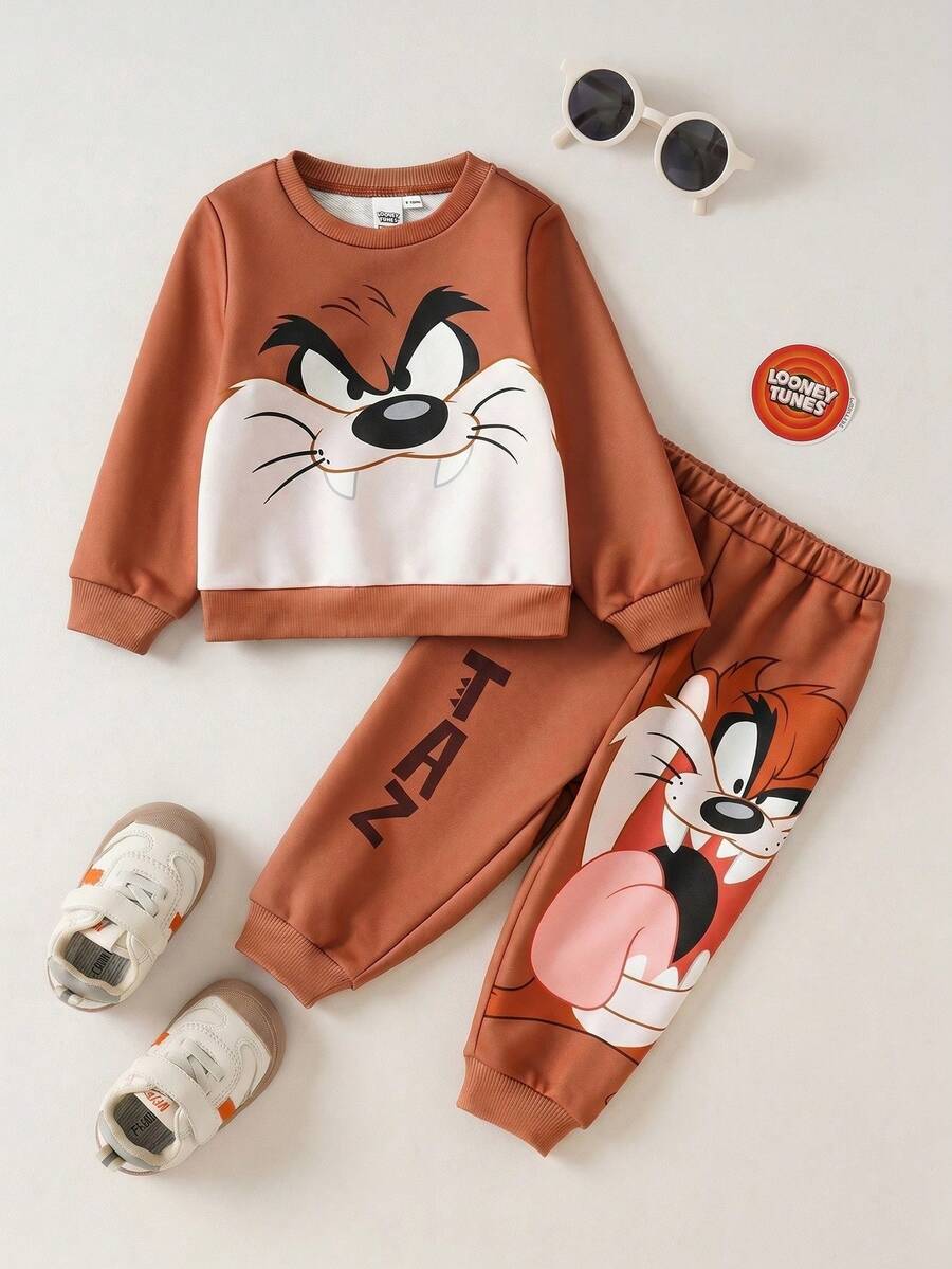 LOONEY TUNES X SHEIN طقم بناطيل رياضية وبلوزة بطباعة حيوانات كرتونية جميلة للأطفال الصبيان، مناسب للخريف والشتاء - بني - مشاهدة 1