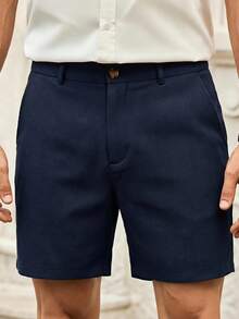 HIMLAND Men's Textured Solid Color Pocket Casual Shorts, Versatile Daily Wear - Navy Blue - View 3