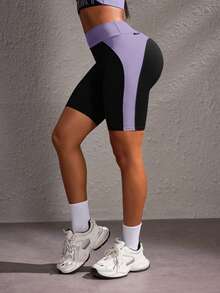 Powerista Short de sport décontracté ajusté en patchwork bleu pour femmes, pour l'entraînement quotidien et la gym, à porter tous les jours - Prune - Voir 3