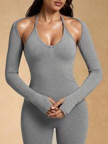 Silquee Women's Solid Color Halter Neck Tank Top And Leggings Sports Set Date Night Party Festival Victoria Secret - Grey - View 3