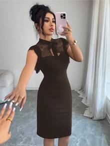 Rafferiza 女款黑色優雅修身蕾絲拼接中長洋裝 - 棕色 - 查看 6