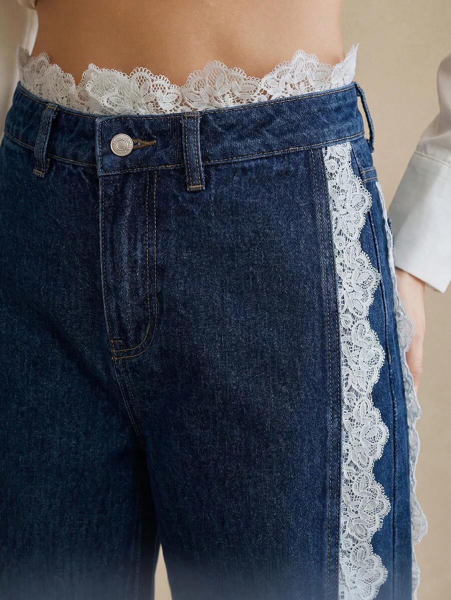 Anewsta Washed Blue Lace Trim Patchwork Straight Leg Jeans - Navy Blue - View 1