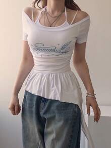 DAZY Women's Korean Style Casual Camisole Short Sleeve T-Shirt For Spring And Summer - White - View 1