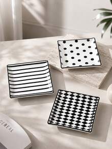 Haus Hana 3 Styles Black & White Ceramic Square Plate Set, Polka Dot/Stripe/Checkered Porcelain Serving Tray, Food Square Dish For Appetizer, Dessert, Snack, Modern Minimalist Dinnerware For Home Kitchen, Party, Restaurant & Tabletop Decor - Multicolor - View 1