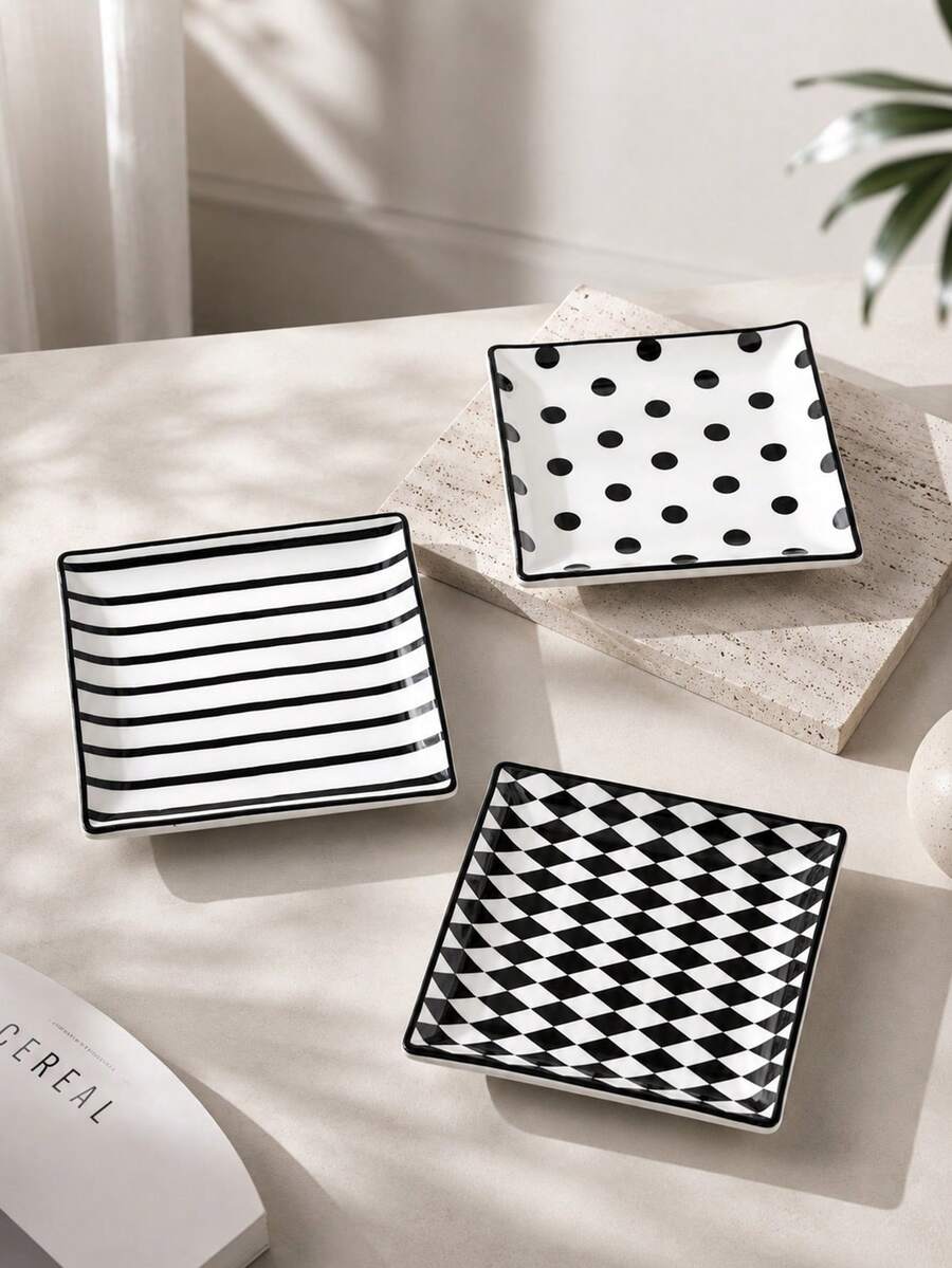Haus Hana 3 Styles Black & White Ceramic Square Plate Set, Polka Dot/Stripe/Checkered Porcelain Serving Tray, Food Square Dish For Appetizer, Dessert, Snack, Modern Minimalist Dinnerware For Home Kitchen, Party, Restaurant & Tabletop Decor - Multicolor - View 1