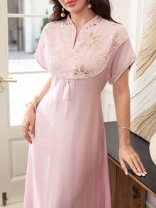 Yasmyna Spring/Summer Sequin Embroidered Patchwork Pink Waist-Cinched Arabian Dress - Pink - View 6