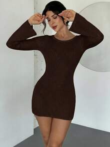 Firerie 女款春夏優雅性感極簡時尚辣妹海灘度假露背繫帶喇叭長袖針織透視白色迷你毛衣洋裝 - 棕色 - 查看 6