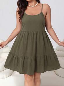 Solflare Army Green Plus Size Women's Spring/Summer Ruffle Hem Camisole Dress - Army Green - View 3