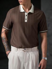 Manfinity CasualCool 男士度假休閒風 INS 風格幾何菱格紋提花針織短袖卡其色 Polo 衫，附鈕扣門襟，適合音樂節、夏威夷海灘度假及日常穿著，送男友或丈夫的理想禮物，展現法式優雅浪漫，杏色幾何條紋紋理男士休閒 Polo 衫領 - 棕色 - 查看 7