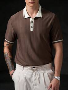 Manfinity CasualCool 男士度假休閒風 INS 風格幾何菱格紋提花針織短袖卡其色 Polo 衫，附鈕扣門襟，適合音樂節、夏威夷海灘度假及日常穿著，送男友或丈夫的理想禮物，展現法式優雅浪漫，杏色幾何條紋紋理男士休閒 Polo 衫領 - 棕色 - 查看 8