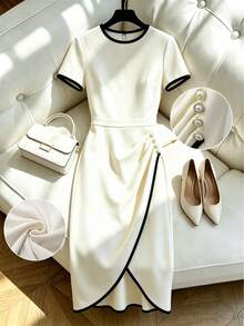 SHEIN Franclia Vestido elegante de mujer con decoración de botones de remache de color contrastante, vestido asimétrico, vestido cruzado, vestido beige, vestido de longitud media, vestido largo, vestido con detalles de botones - Albaricoque - Ver 9