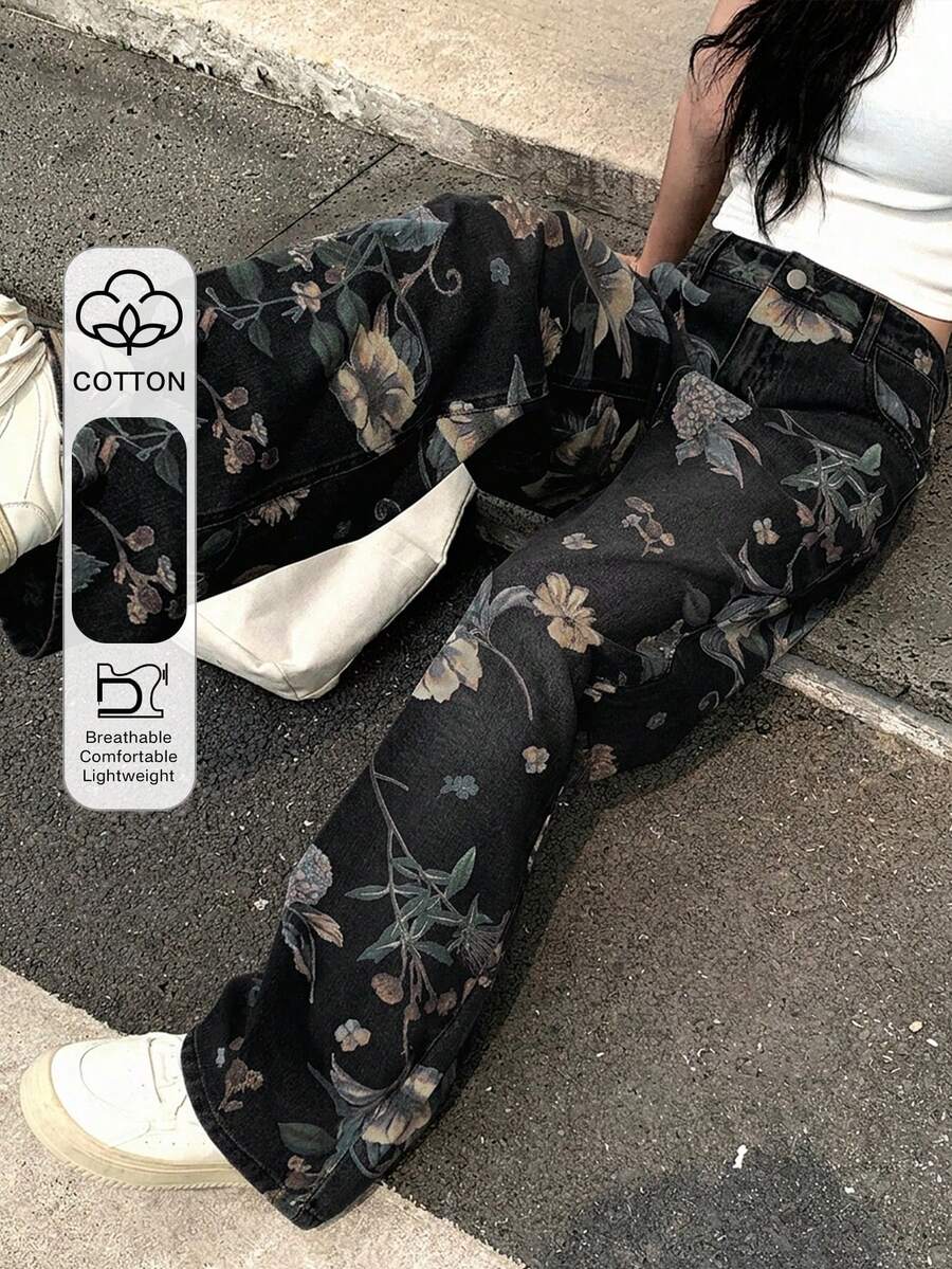 DAZY Women's Floral Print Pocket Button Black Floral Wide Leg Jeans Everyday Summer Vintage Streetwear - Black - View 1