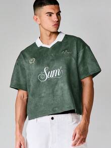 SUMWON 休閒寬版麂皮 Polo 衫，刺繡文字 Logo 與對比領短袖上衣 - 綠色 - 查看 6