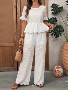 EMERY ROSE Women's Vacation Hollow Embroidery Ruffle Hem Shirt And Pants Casual 2 Pieces Set - White - View 9