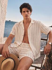 Manfinity VDAYZ Plus Size Men's Hollow Out Textured Knit Short Sleeve Shirt Set Men's Resort Wear Beach Clothes For Men White Cream Cream Button Up Men Men's Beach Button Up Men Summer Button Up - Beige - View 5