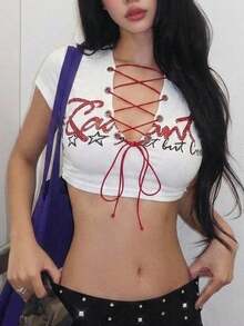 K-Vae Blusa de manga corta, hombros regulares, corta y ajustada con nudo delantero para mujer - Blanco - Ver 3