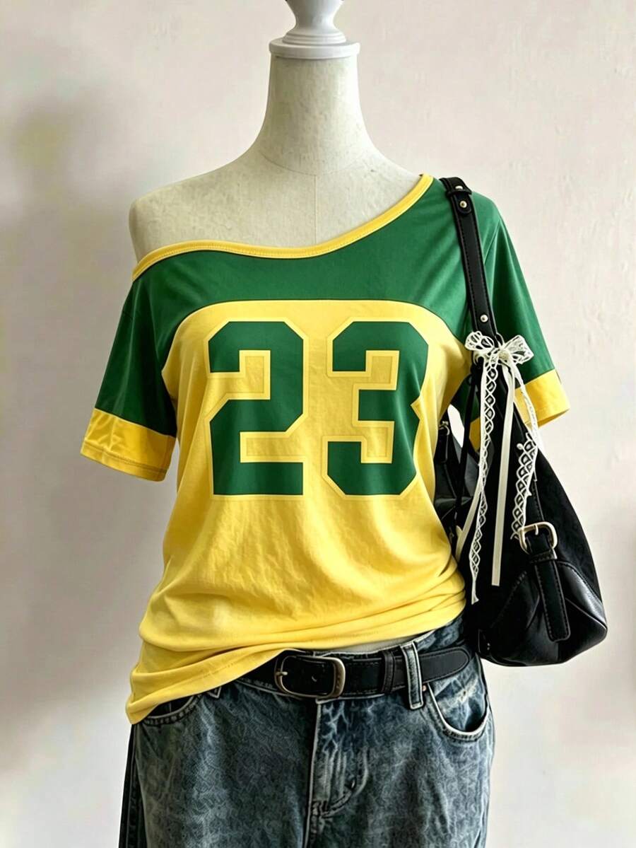 Lalippa Yellow & Green Color Block 23 Print Asymmetric Neck Short Sleeve T-Shirt - Black - View 1