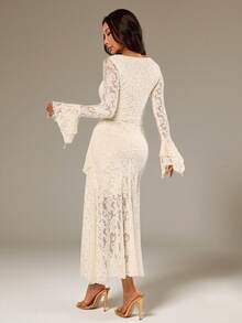 SHEIN PETITE Gaun Maxi Wanita Musim Semi/Panas Motif Bunga Aprikot Polos, Leher Persegi, Lengan Panjang, Hem Asimetris, dan Ruffle, Cocok untuk Pesta Koktail, Kencan Romantis, Pertemuan, Pernikahan, Gaun Pengiring Pengantin, Hari Valentine, Gaun Musim Panas Wanita, Gaun Pesta Teh, Gaun Brunch, Gaun Elegan, Gaun Motif Aprikot, Wanita Bertubuh Mungil - Aprikot - View 2