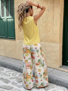 SHEIN Clasi 女士浅黄色圆领吊带背心和阔腿裤两件套 - 彩色 - 查看 4