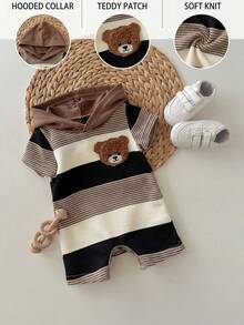 Pelele con capucha para bebé recién nacido, de punto, con parches, de rayas y con estampado de oso, para el verano - Multicolor - Ver 3