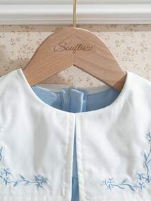 Souflis Souflis 4-7Y Young Girl' French Retro Light Blue Casual Princess Loose Comfortable Floral Embroidery Lace Trim White Contrast Collar Long Sleeve Dress Wedding - Blue and White - View 7