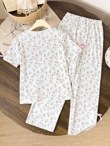 SHEIN Tween女孩休閒簡約圓領花卉對比色蝴蝶結裝飾短袖長褲家居服，適合夏季、秋季穿著 - 白色 - 查看 3
