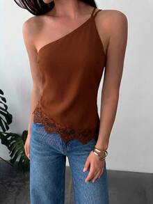 Firerie Spring/Summer New Minimalist Elegant Vacation Streetwear Apricot Linen One-Shoulder Backless Waist Ruched Asymmetric Hem Top - Brown - View 7