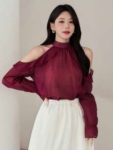 DAZY Top de verão suave estilo INS rosa com decote halter, manga comprida em chiffon, ombros descobertos e bainha com folhos, top elegante de férias para mulher - Roxa - Ver 1